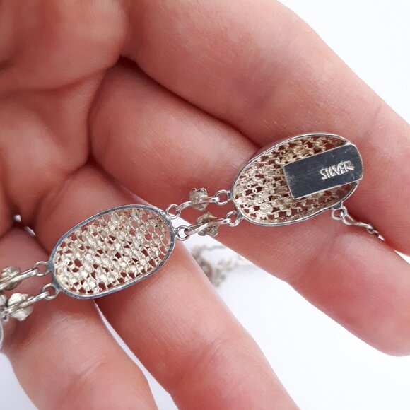 VINTAGE 925 Silver Filigree Lace Oval Link Bracelet with Black and Red Enamel - Picture 7 of 7